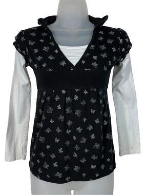 Periscope Vintage Y2K Babydoll Fit Hooded Butterfly Print Layered T-Shirt Large